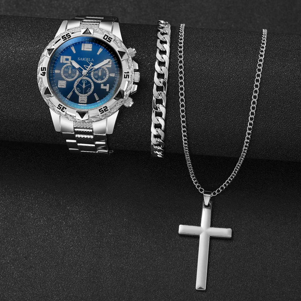 남성용 아날로그 쿼츠 시계 목걸이 팔찌 세트, 럭셔리 스틸 밴드, 비즈니스 패션, 박스 없음, 3 개