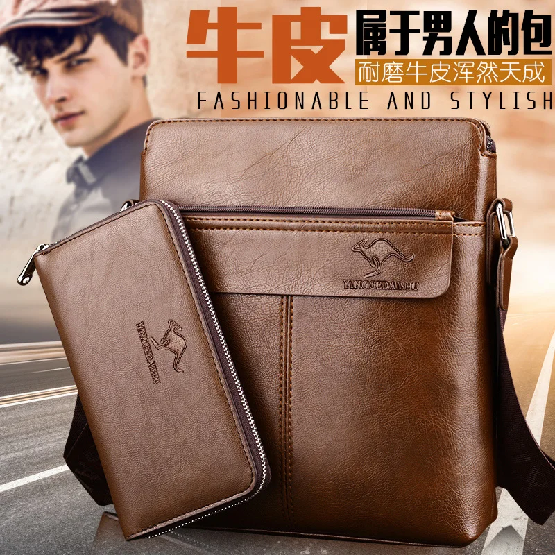 

Brand Kangaroo Men Shoulder Bag 2-Piece Business Male Solid Messenger Bag Travel Bag High Quality PU Leather Men's Handbag Purse