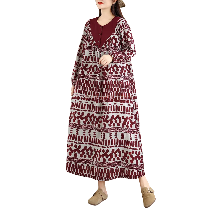 جديد Ele القطن الكتان الأزهار طباعة ميدي الدكتور وهمية قطعتين ربيع الخريف العرقية Sle فضفاضة تناسب عالية الخصر طويلة Sve V...