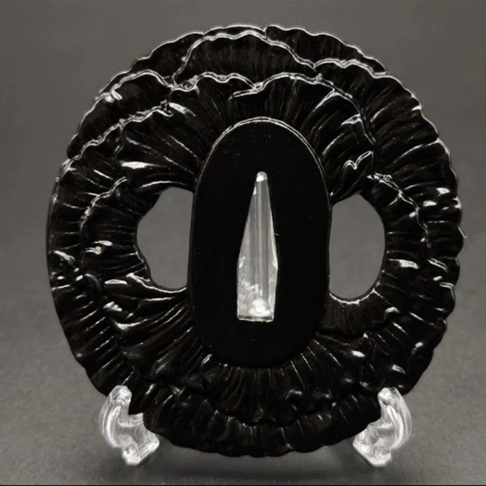 Black Steel Tsuba Guard Peony Motif, Iron Ground Openwork Design For Japanese Sword Katana HandGuard