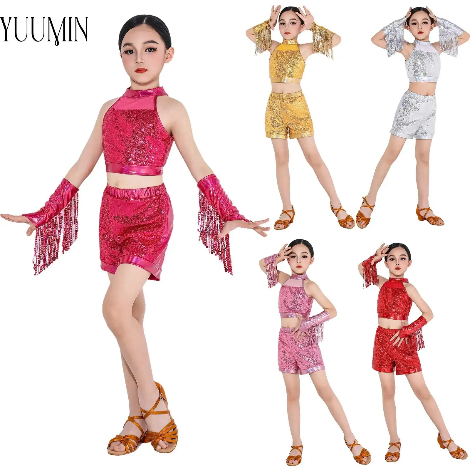 

Children Girls Latin Cha-cha Samba Rumba Dance Outfits Halter Sleeveless Sequin Fashion Costumes Kids Performance Party Clothing