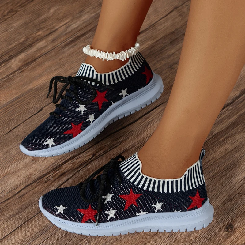 Chic Star Jacquard Sneakers Woman Light Weight Mesh Gym Shoes Ladies Breathable Slip-on Knitted Sock Tennis Zapatos Plus Size