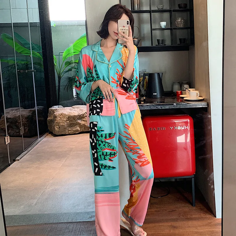 Spring New Style Satin Sleepwear for Women Long Sleeve Pajama Set Green Flower Printed Ice Silk Pajamas Pants Suit