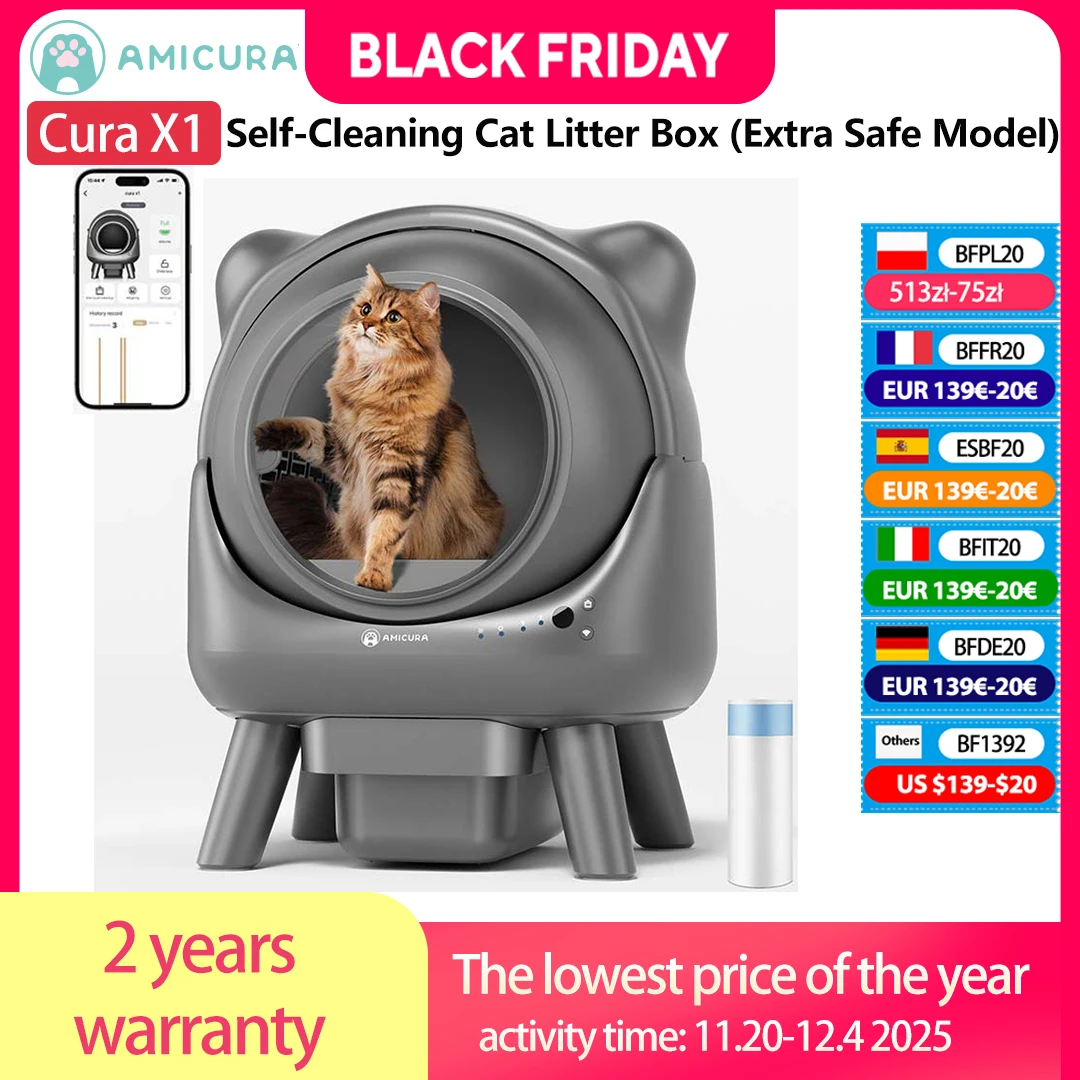 Amicura Cura X1 bac à litière automatique pour chat autonettoyant avec contrôle par application, capteur de sécurité, bac à litière électrique pour chat facile à nettoyer