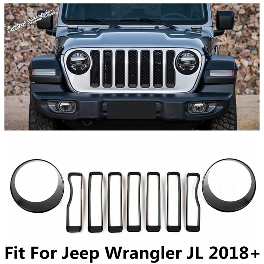 

Front Head Lights Lamps Ring Grille Grill Frame Cover Trim Fit For Jeep Wrangler JL 2018 - 2022 ABS Black Accessories Exterior