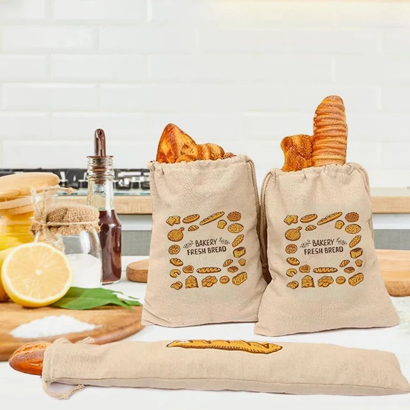 A74E-Bread Bag Borsa portaoggetti riutilizzabile in cotone con coulisse Borsa portaoggetti da cucina ecologica fresca per pane fatto in casa