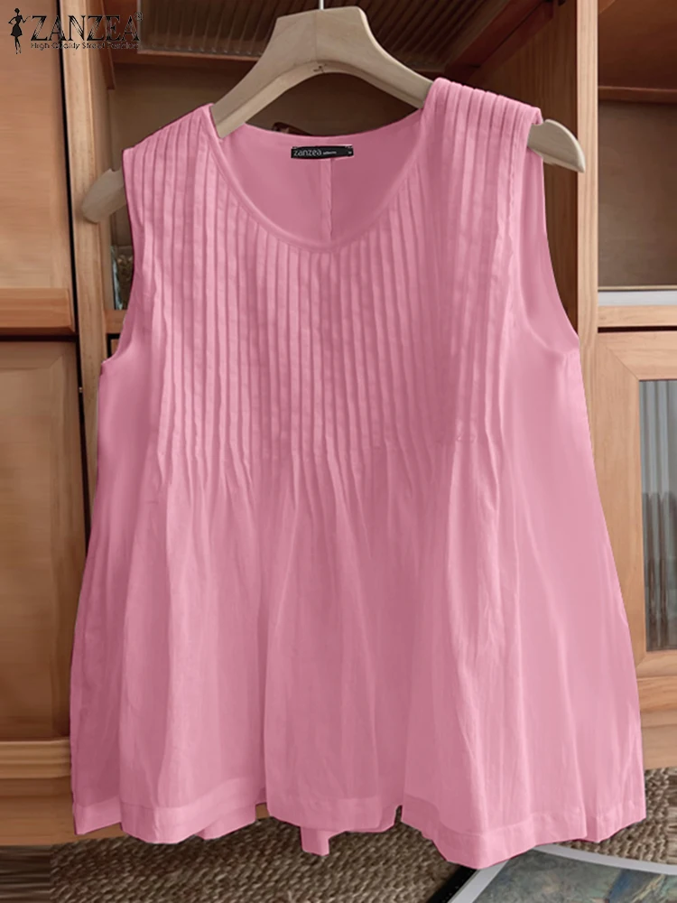 

ZANZEA Vintage Holiday Tanks Tops Summer Fashion Shirt Women Sleeveless Pleated Blouse Casual O Neck Beach Tees Female Blusas