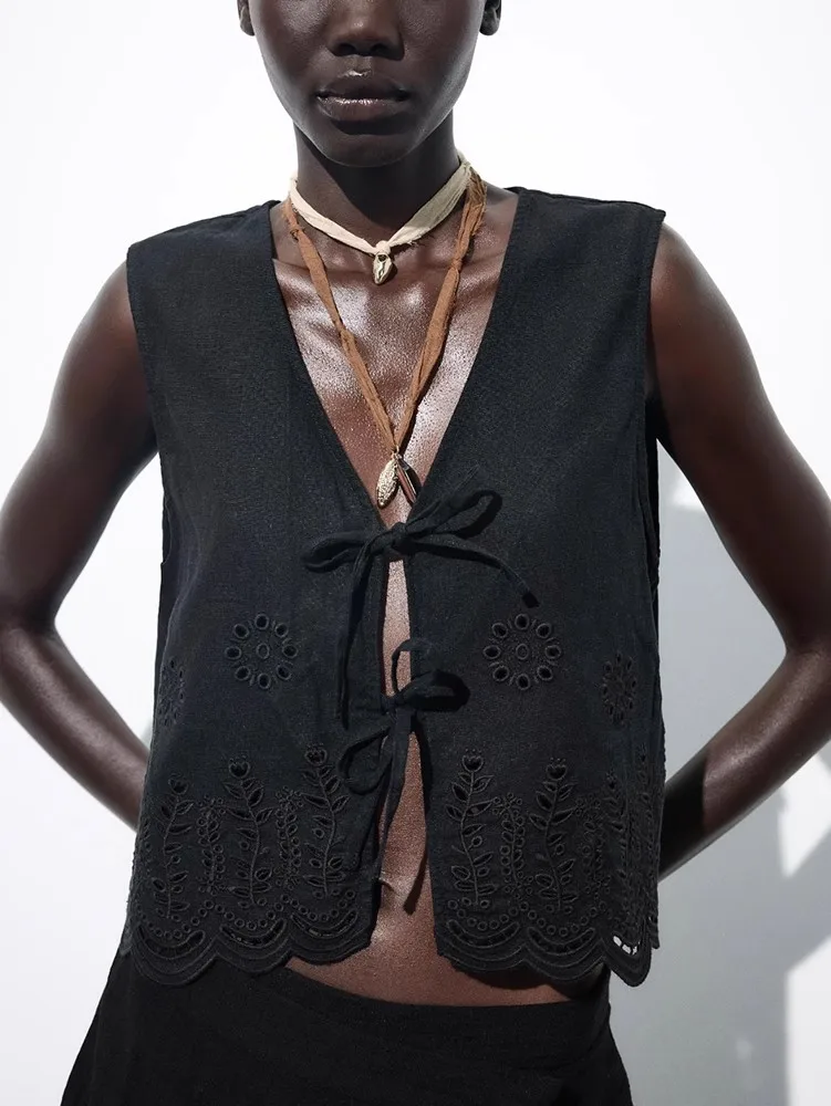 

2025 New Women's Faion Versatile Hollow Embroidered Linen Blend Vest ort Length V-ne Belted Pure Color Commute Sle