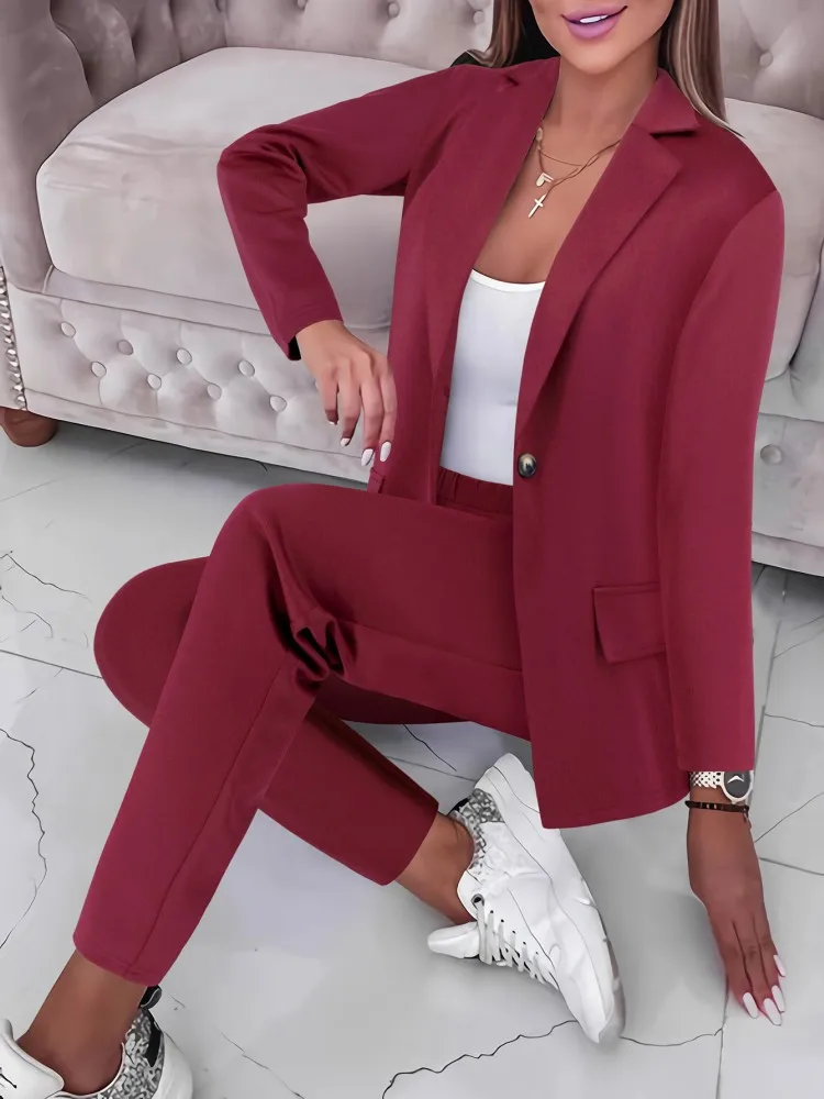 2 Pieces Women\'s Sets 2024 Autumn Winter Long Sleeve Black Blazers Suit Tops And Pants Suits Two Piece Set Tracksuit Outfit