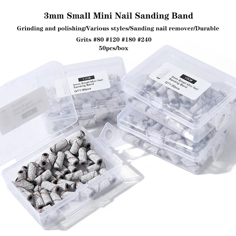 TFSCLOIN 50PCS 3MM Mini Stainless Steel Sanding Bands Mandrel 3/32" Shaft Nail Drill Bit Accessories Tools #80 #120 #180 #240