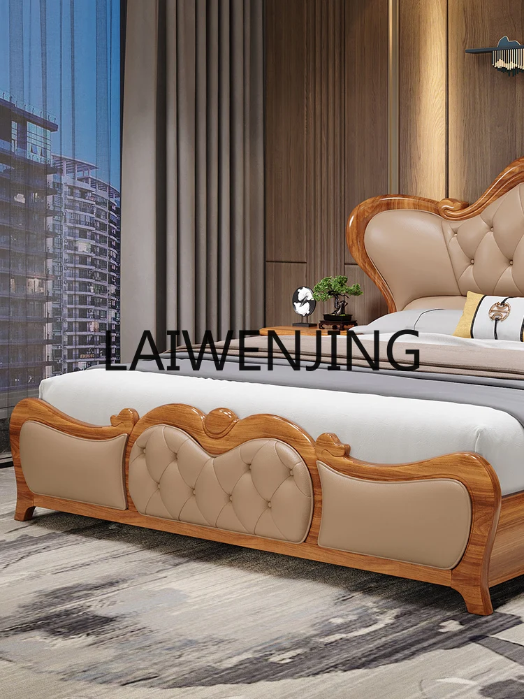 New Chinese-style ebony cowhide luxury villa master bedroom leather soft backrest double wedding bed combination