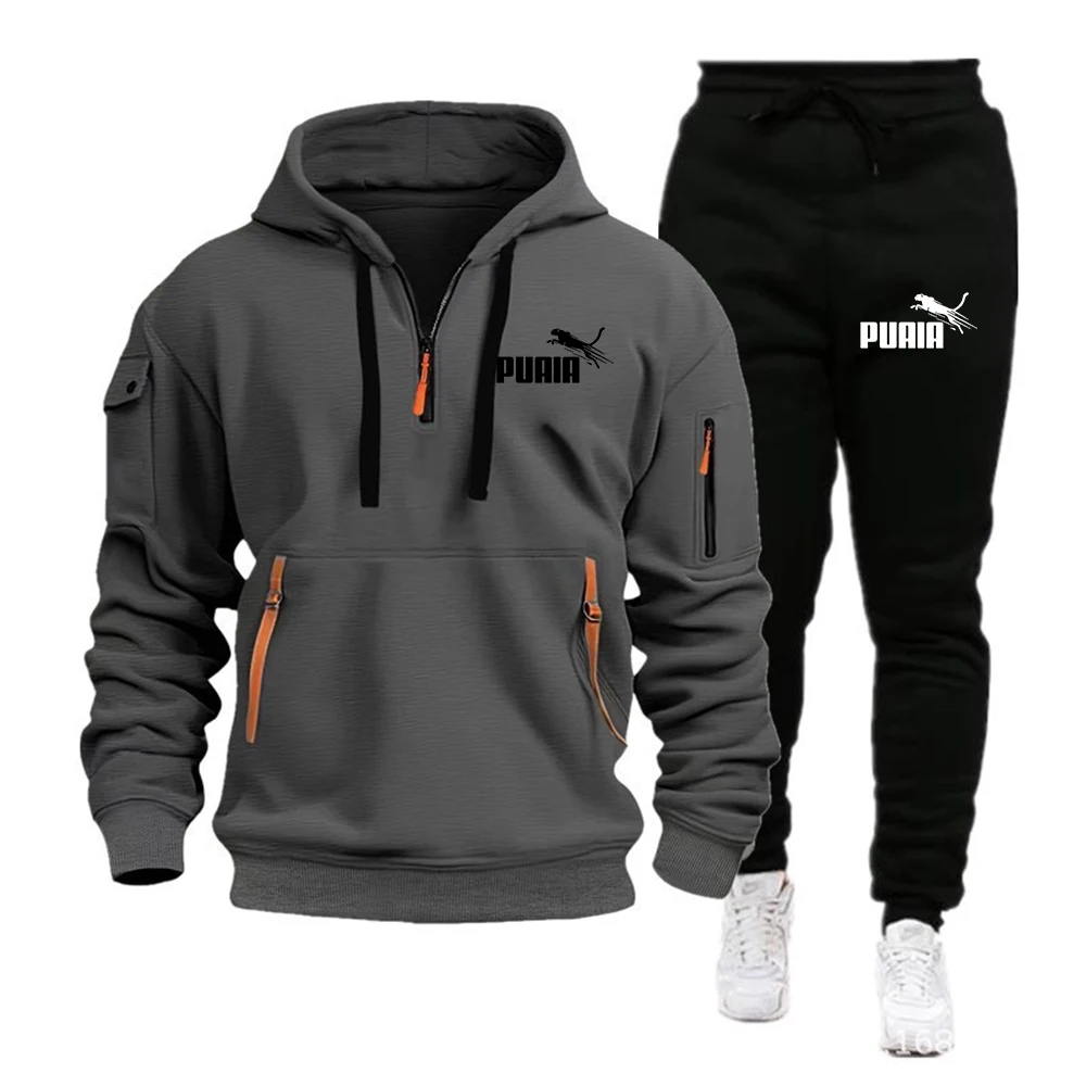 2024 New Men\'s Autumn Winter Puaia Sets Zipper Hoodie+Pants Pieces Casual Tracksuit Male Sportswear Brand Clothing Sweat Suit