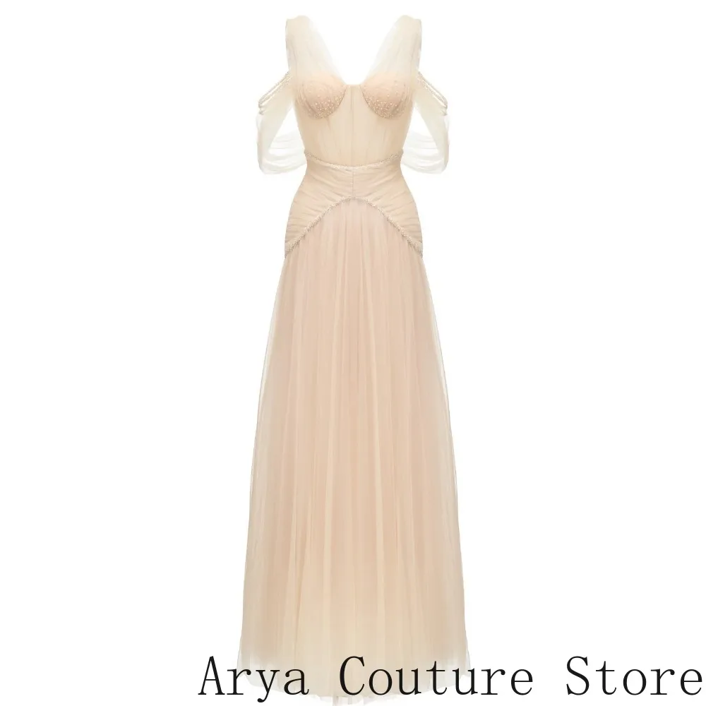 Nude A‑Line Evening Dress Deep V Neck Soft Tulle Fabric Boned Corset Bodice Detachable Flutter Sleeves Peplum Waist Design view 2