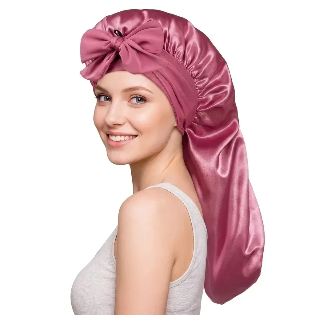 Extra Long Satin Bonnet with Front Bow Adjustable Wide Elastic Sleep Hair Cap Silk Satin Lined Night Hair Wrap Protector For Long Curly Hair Braids Dreadlocks Women Hair Care Accessory