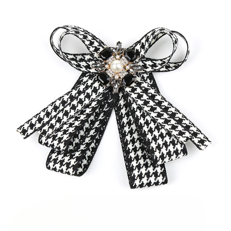 Korean Trendy Houndstooth Ribbon Flower Bow Brooch for Women's Bow Tie Pearl Collar College Bows Coat Wedding Accessories image 5
