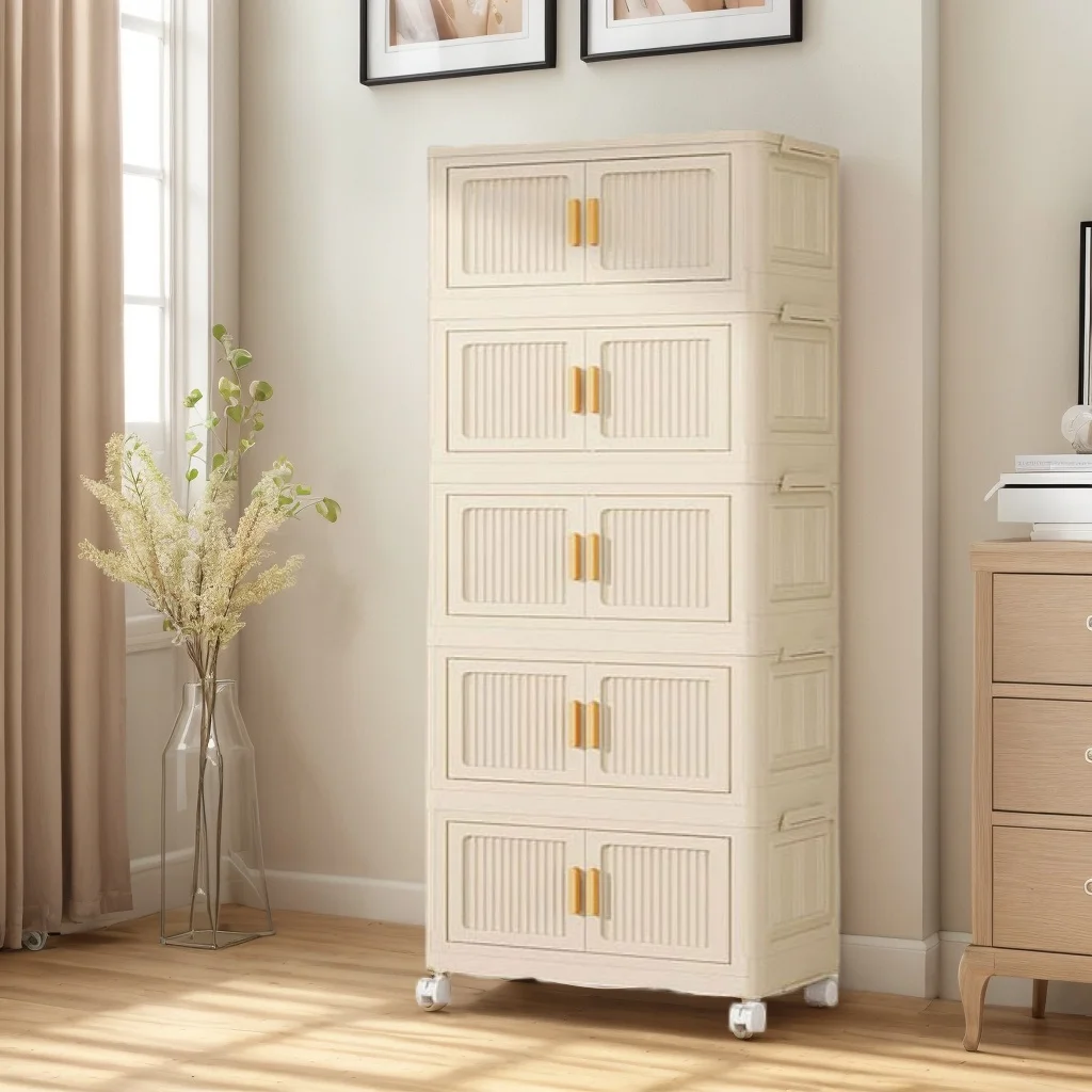 

Multifunction Foldable Storage Cabinet Dustproof Wardrobe Sundries Cabinet Closet Organizer With Wheel