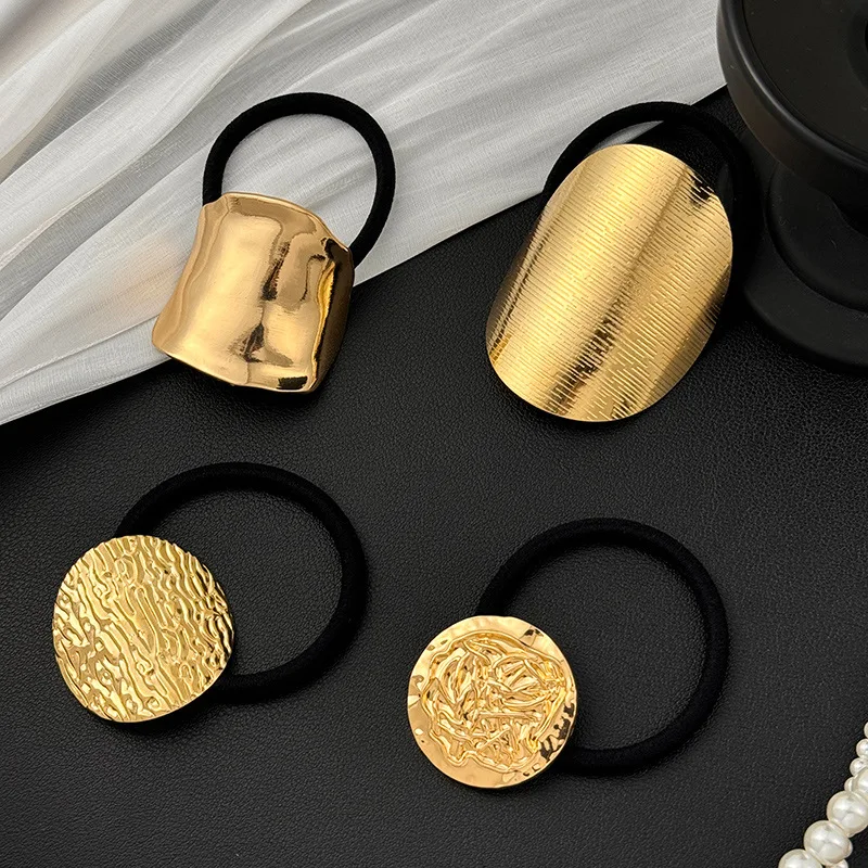 Bandas de Pelo de Metal con Diseño Geométrico Vintage para Mujer, Nueva Tendencia 2026, Color Dorado, Elásticas, para Cola de Caballo, Accesorios para el Cabello