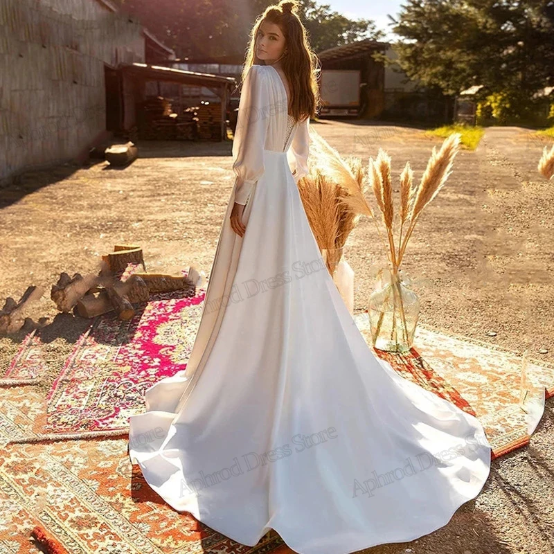 Vestidos de casamento de cetim com apliques de lantejoulas, mangas longas, vestidos de noiva vintage, bonitos e glamourosos