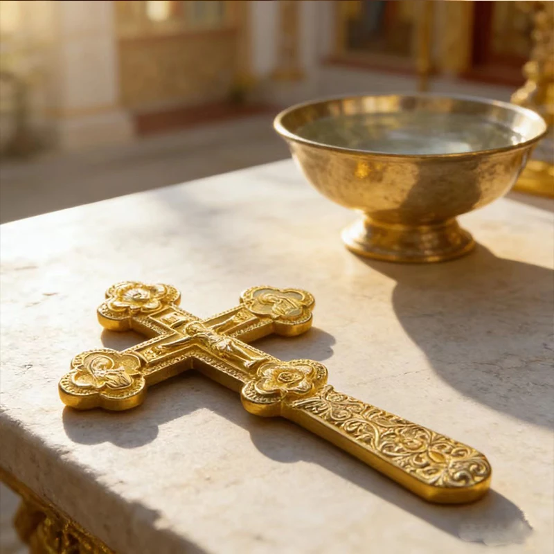 New Traditional Multi-Bar Orthodox Blessing Cross with Gold Plating and Filigree Accents for Faithful Followers and Sacred Decor