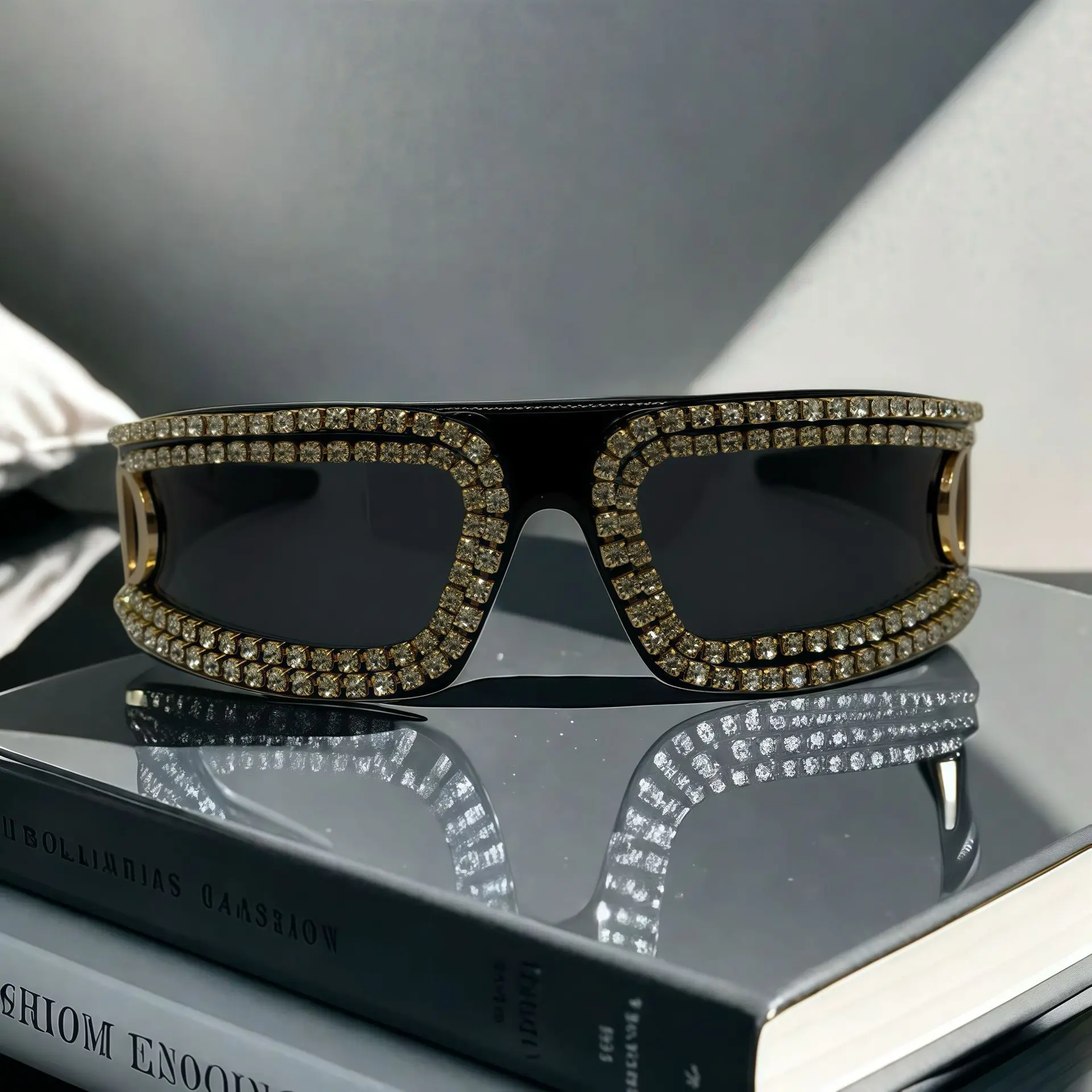 Óculos de sol anexados com faixa de cabeça de hip hop com strass de cristal estilo de tecnologia futurista para mulheres moda festa óculos novidade