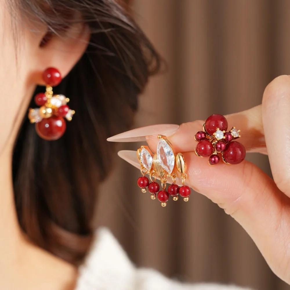 Romantic Glamorous Gold Tone Inlaid Marquise Zircon Ruby Red Bead Cluster Stud Earrings for Women Festival Wedding Jewelry Gift