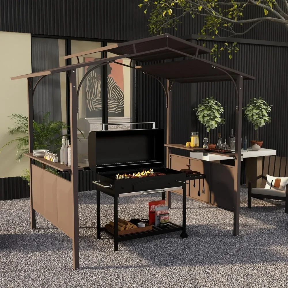 8'x5'  BBQ Grill Gazebo with 2 Side Shelves, Outdoor Double Tiered Interlaced Polycarbonate Roof with Steel Frame