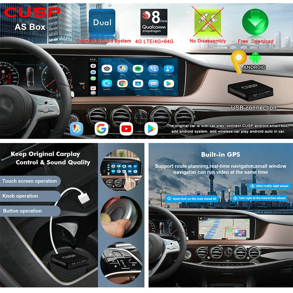 Cusp 2023 Android Auto Carplay Smart Ai Box 4G LTE Plug And Play Bluetooth WiFi Auto Connect For Toyota Audi Tesla Honda etc