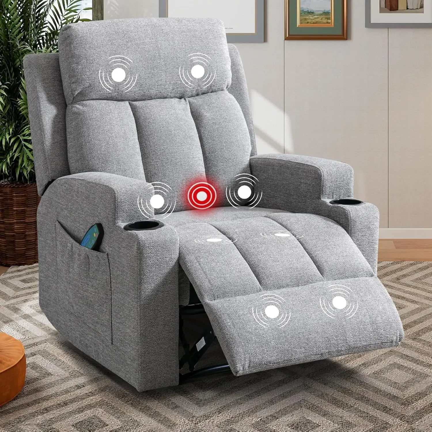 Home Manual Recliner Chair with Massage and Heat for Living Room Overstuffed Breathable Fabric Reclining Chair with 2 Side Pocke