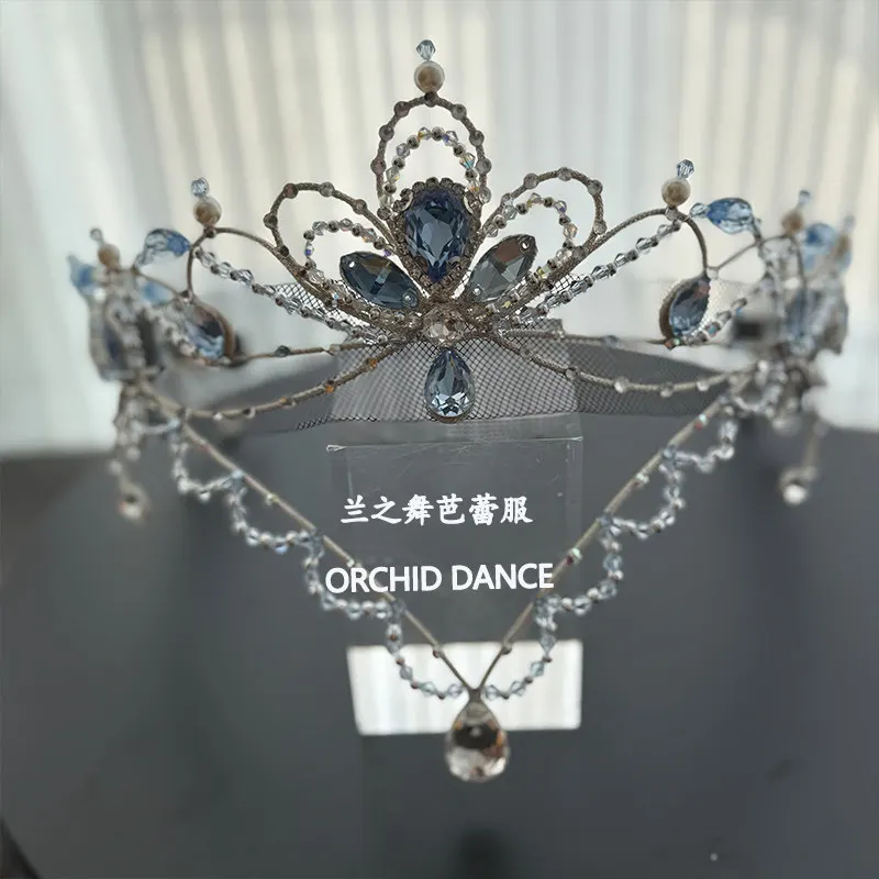 Ballet crown headpiece hollow scroll blue tone rhinestone tiara with double‑layer water drop forehead pendant for ballet solo st
