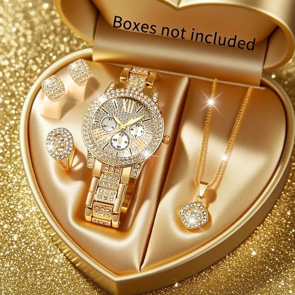 Women Gold Rhinestone Watch 5Pcs Jewelry Set Roman Dial Quartz Wristwatch Square Necklace Ring Earrings