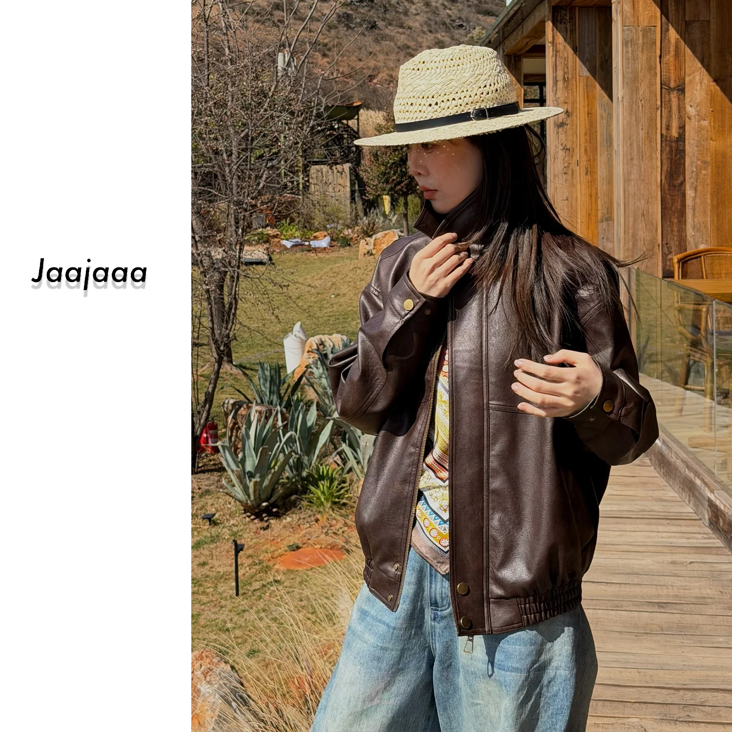 

Jaajaaa Edinburgh Design Neutral Functionali Retro Collar Straight Leg Casual Leather Jaet Outerwear XXC PU Leather Coat