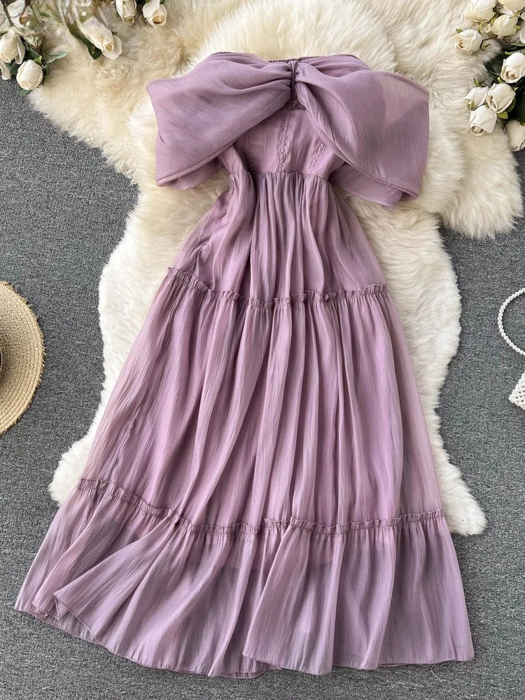 

2024 High Qality Summer Dress Sexy Off Shoulder Short Sleeve Midi Dress For Women Robe High Waist Ruffle Party Chiffon Dresses