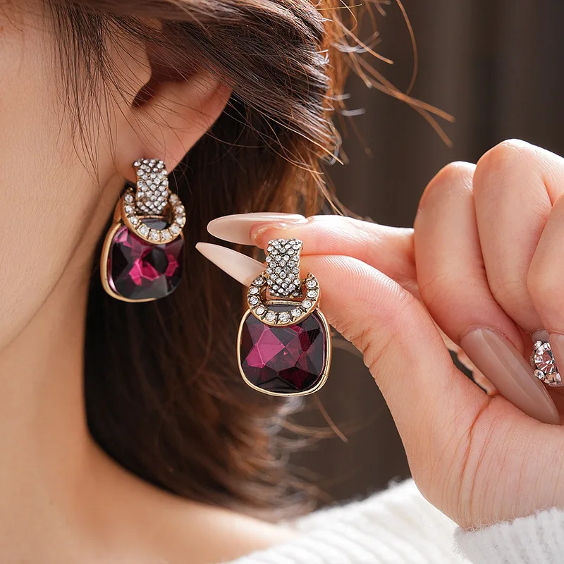 Purple Inlaid Rhinestone Square Geometric Earrings for Women European and American Light Luxury Temperament Wedding  Jewelry