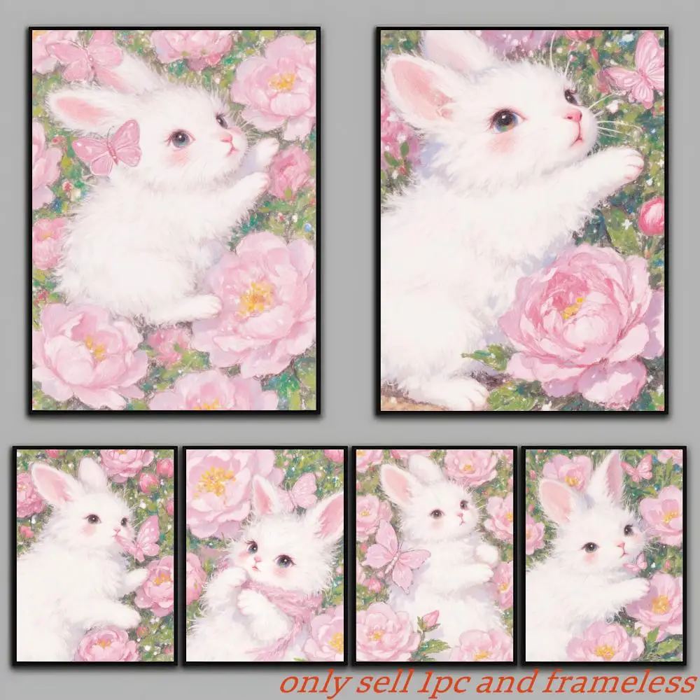 Pink Cute Rabbit Scenery Family Poster Art with prints Home bedroom living room decoration gift