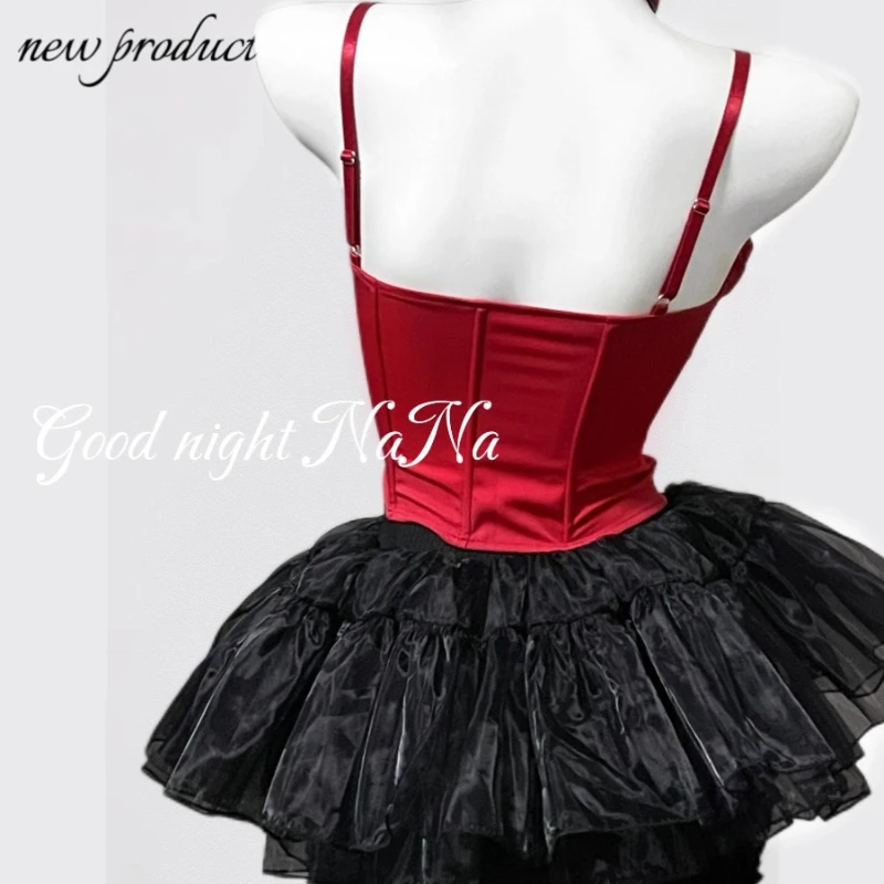 Gothic Punk Black Red Color Splicing Fishbone Women's Top Strap Original Design New Sweet Cute Mesh Puffy Short Skirt Set Ladies