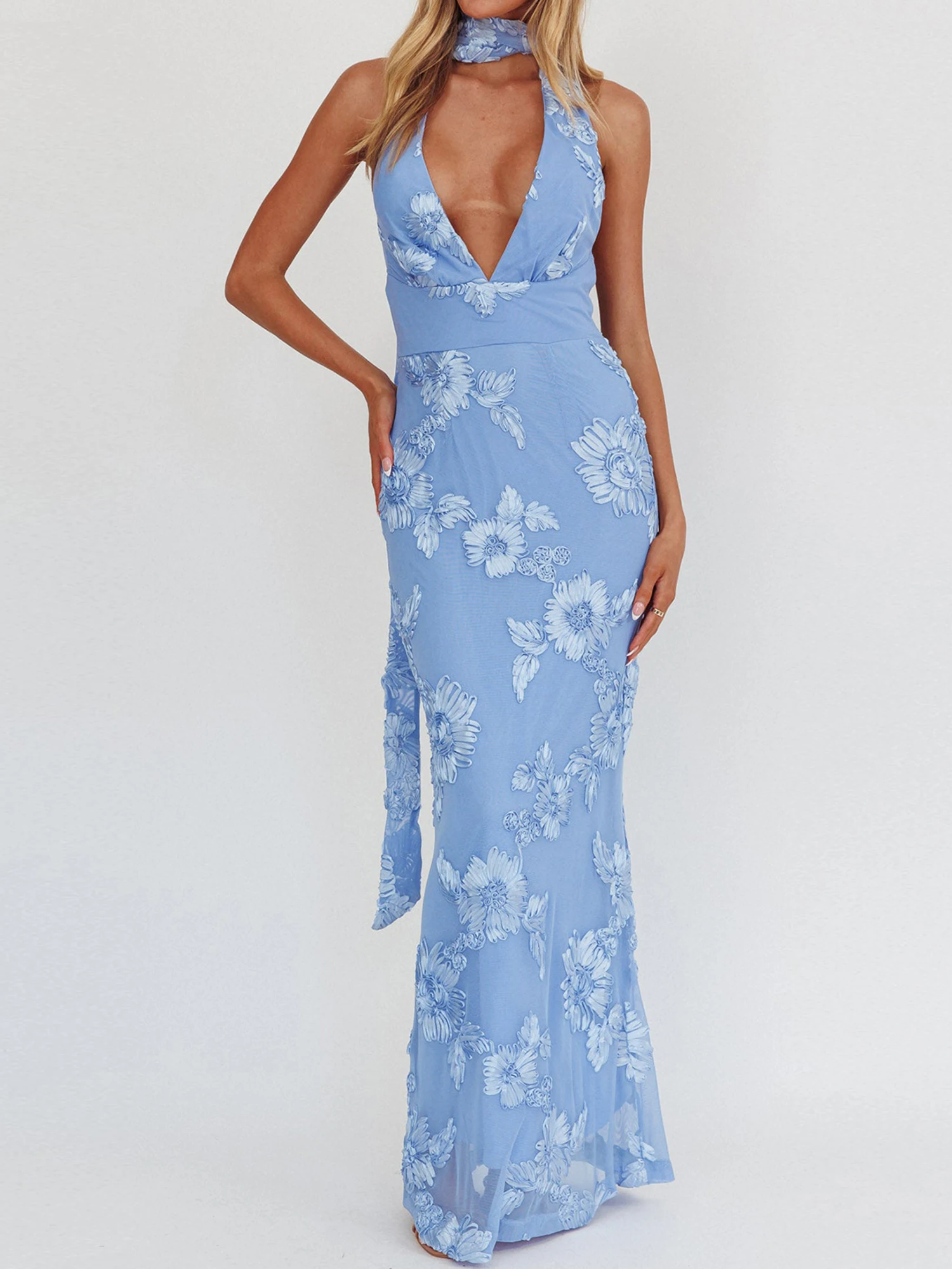 Elegante abito lungo con scollo a V e dettagli in pizzo, abito da sera senza maniche, senza schienale, per eventi formali e matrimoni
