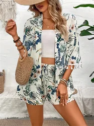 Short Sleeve Women Tassel Hawaiian Summer Printed Sun Protection Shirt Short Two-piece Suit