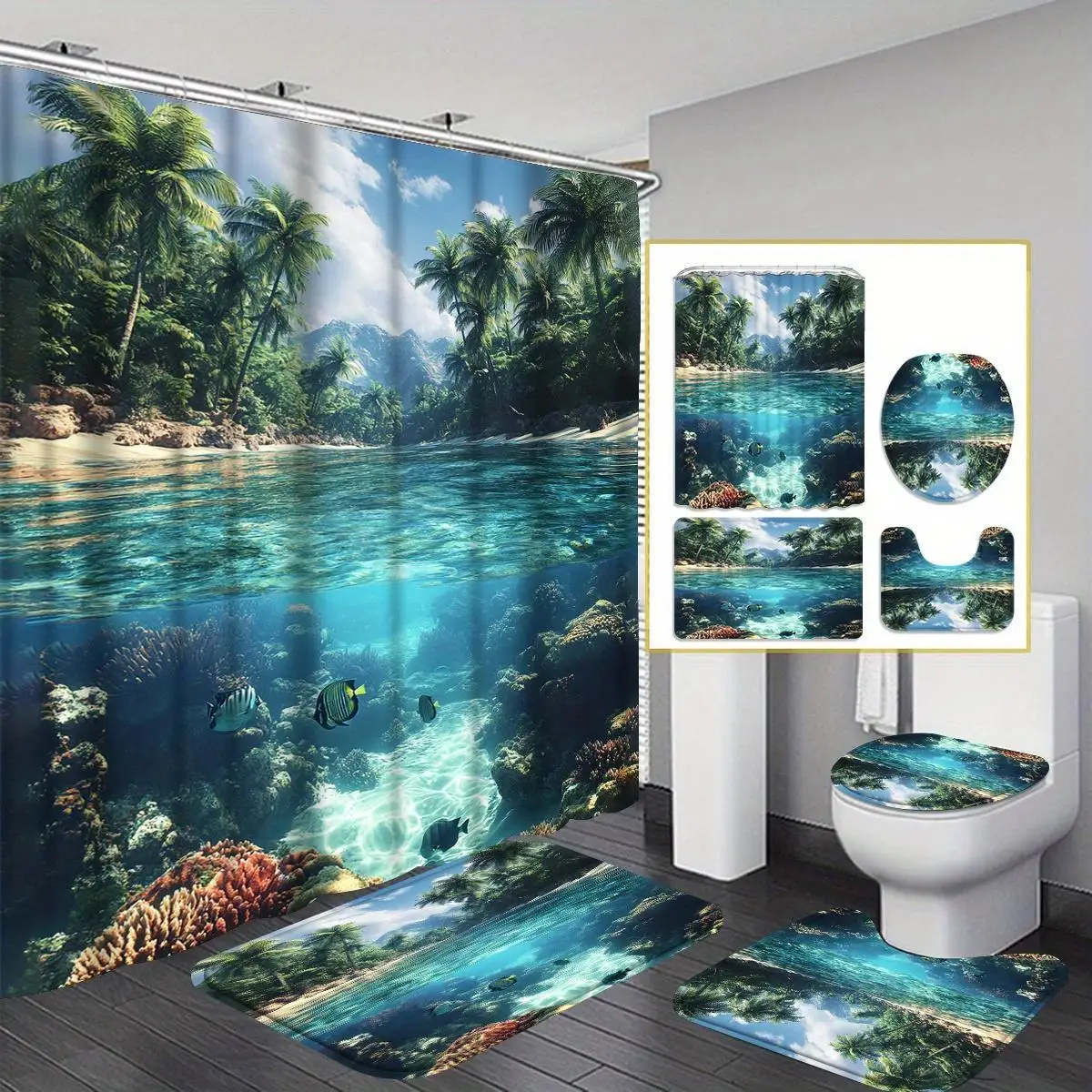 4pc Ocean Palm Tree Shower Curtain Set, Waterproof Quick-Dry Polyester, 71x71 Inch, Machine Washable with 12 Hooks, Bath Mat, Contour Rug, Toilet Lid Cover, Tropical Fish Clear Blue Sea Bathroom Decor