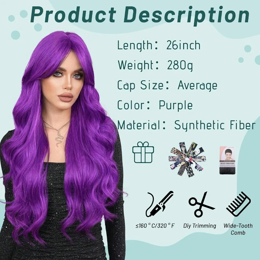 Peruki na Halloween, długie, fioletowe, 66 cm, kręcone peruki dla kobiet, falowane, z przedziałkiem na środku, naturalnie wyglądające, syntetyczne peruki typu lace front do codziennego użytku i cosplayu.