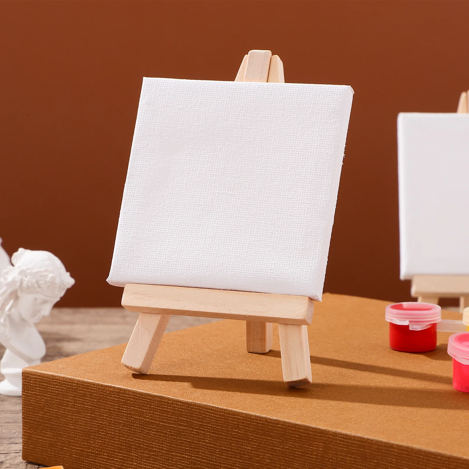 

12Sets Mini Wooden Easel Set Stretched Canvas Art Board White Blank for Art Hobbies Gifts College 8x10 Inch