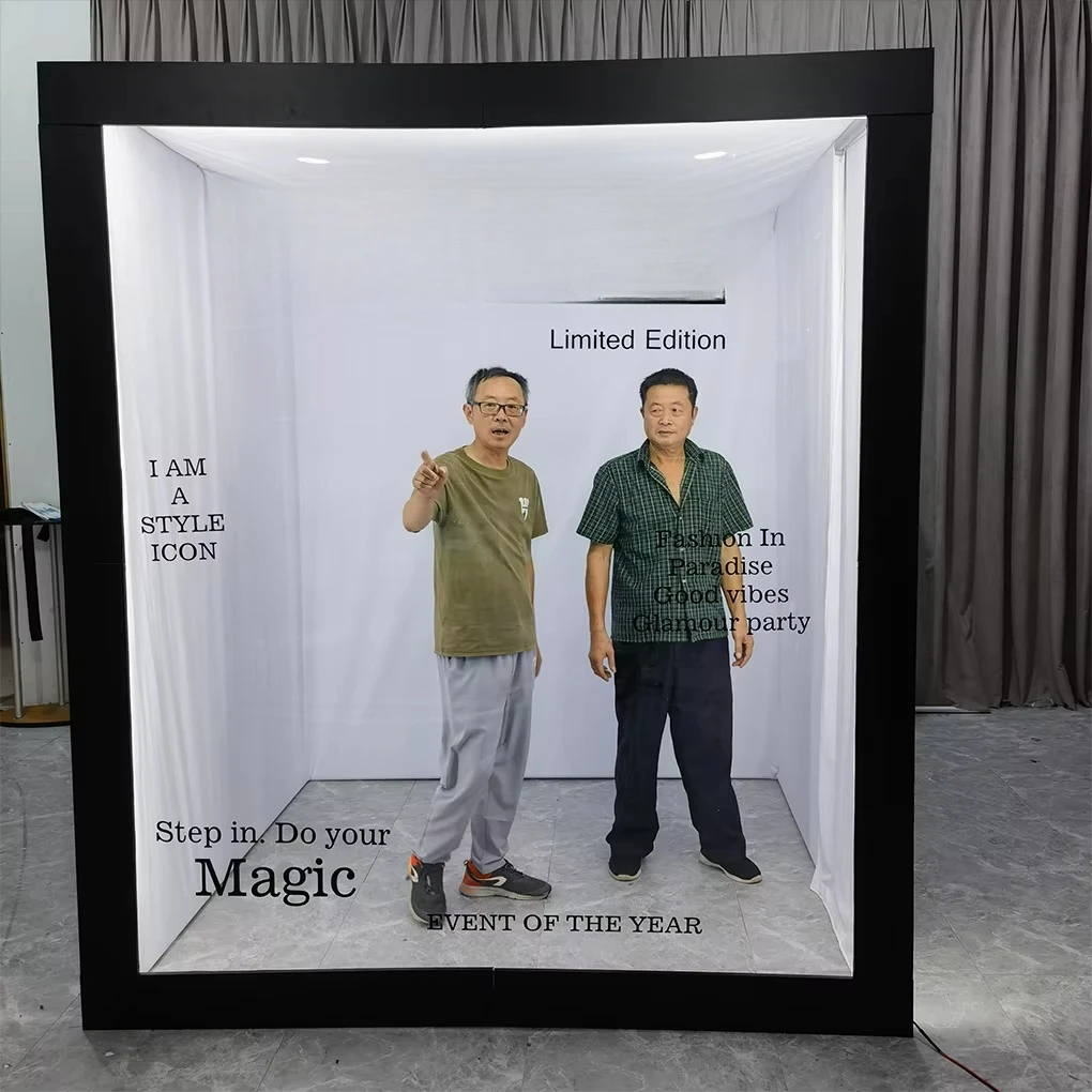 Black Magazine Box Photo Booth with Metallic Frame - Modern Wedding Event Decoration Booth with Custom Interior Design