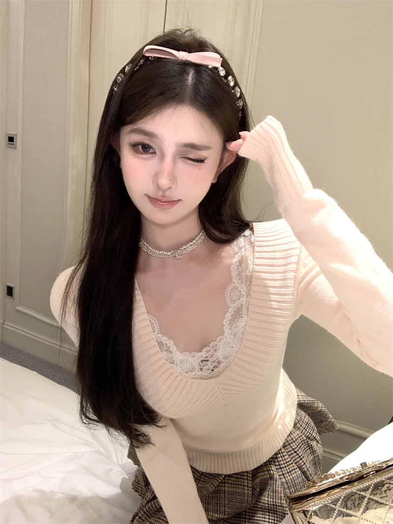 

Slim Fit Long Sleeve V-Neck Knitwear Women's Base Layer Shirt Inner Wear Sweater Waist Cinching Slimming Tight Fit Top