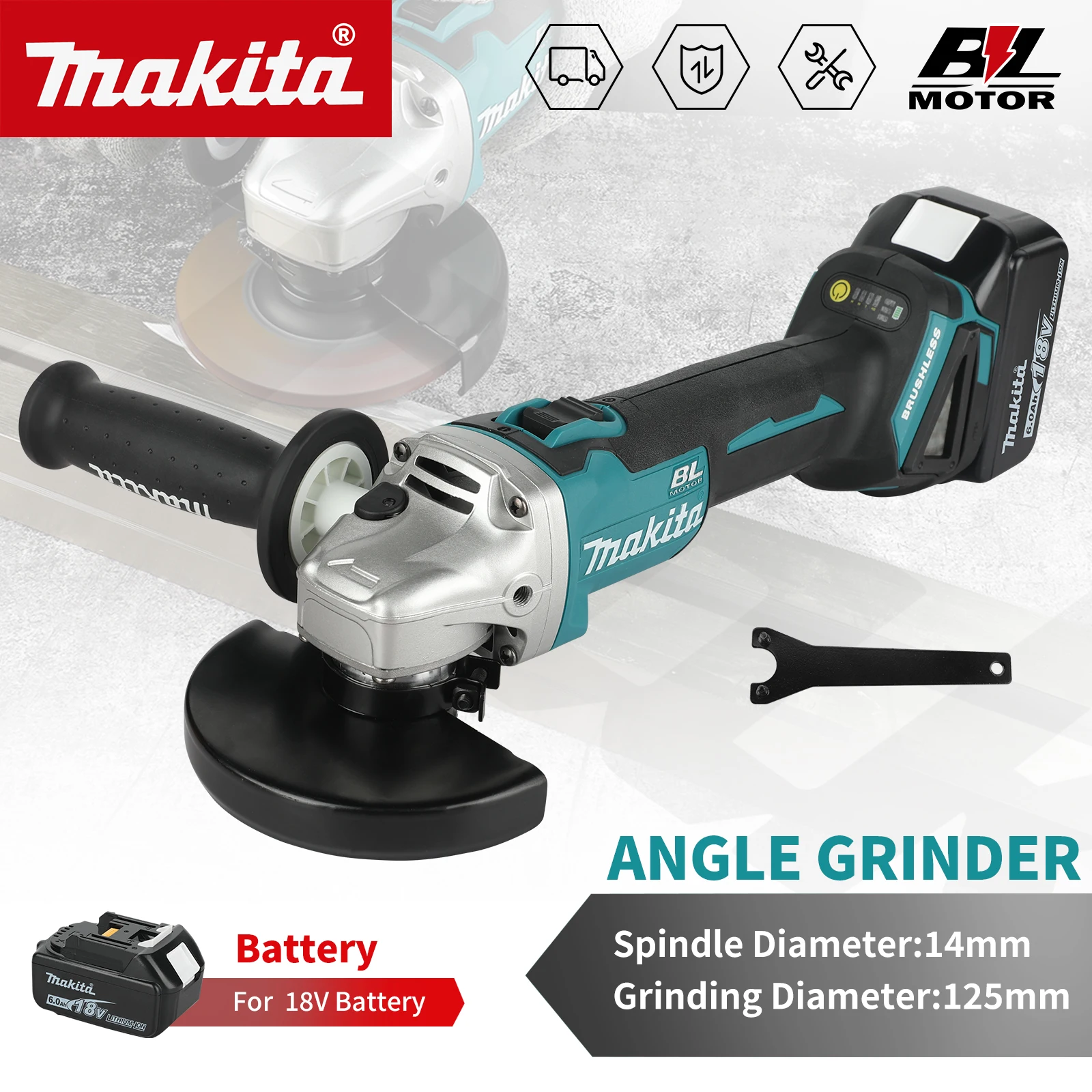 For Makita 18V Battery Pins, DGA504 125mm Brushless Cordless Angle Grinder, Multi-purpose Edge Trimming Power Tool