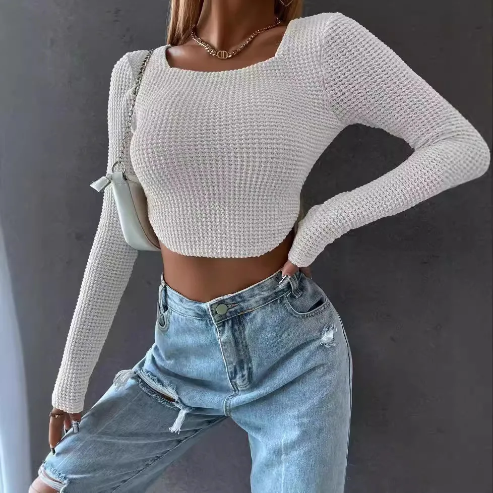 Sexy Long Sleeve Stitch T Shirt Women Streetwear Y2k Clothes Knit Crop Top Korean Fashion Spring Autumn Short Skinny Tshirt 2022