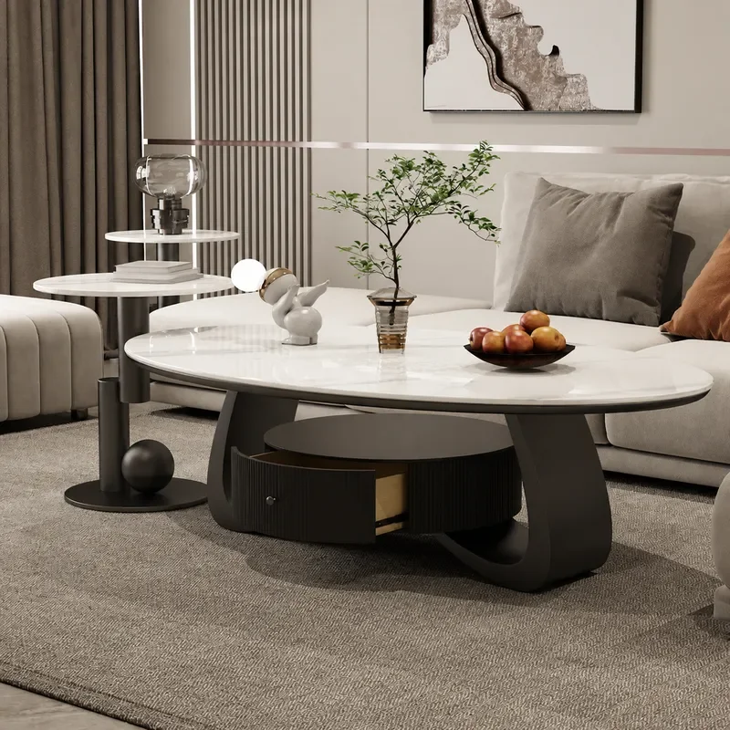 Modern Minimalist Oval Coffee Table with Storage Light Luxury Rock Slab Surface for Living Room Small Apartment Household