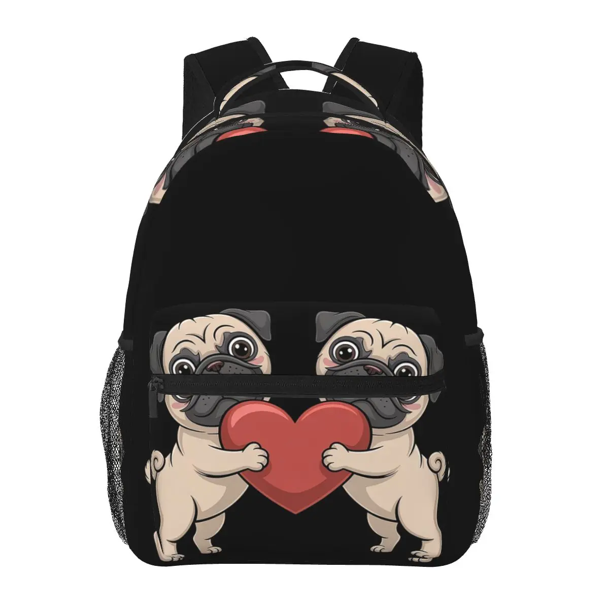 

Two Pug Dog And Hearts In Love Student Backpack School Bag Hiking Travel Daypack for Boys Girls Fashion Bookbag Shoulder Bags