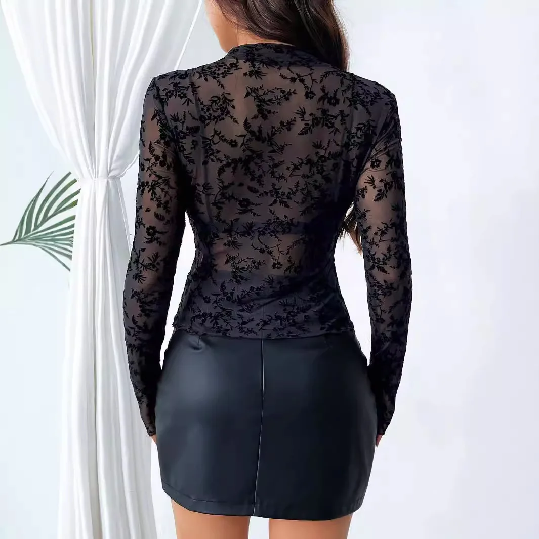 Women Floral Flocked Mesh Long Sleeve T Shirt Ruffle High Neck Sheer See Through Slim Fit Black Layering Casual Tee Top