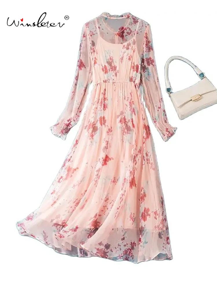 

Winsleter,Women Long Sleeve O Neck Printed,Beach Vacation Party Dress,100%Real Silk Elegant Dresses,2024 Summer New D45807QC