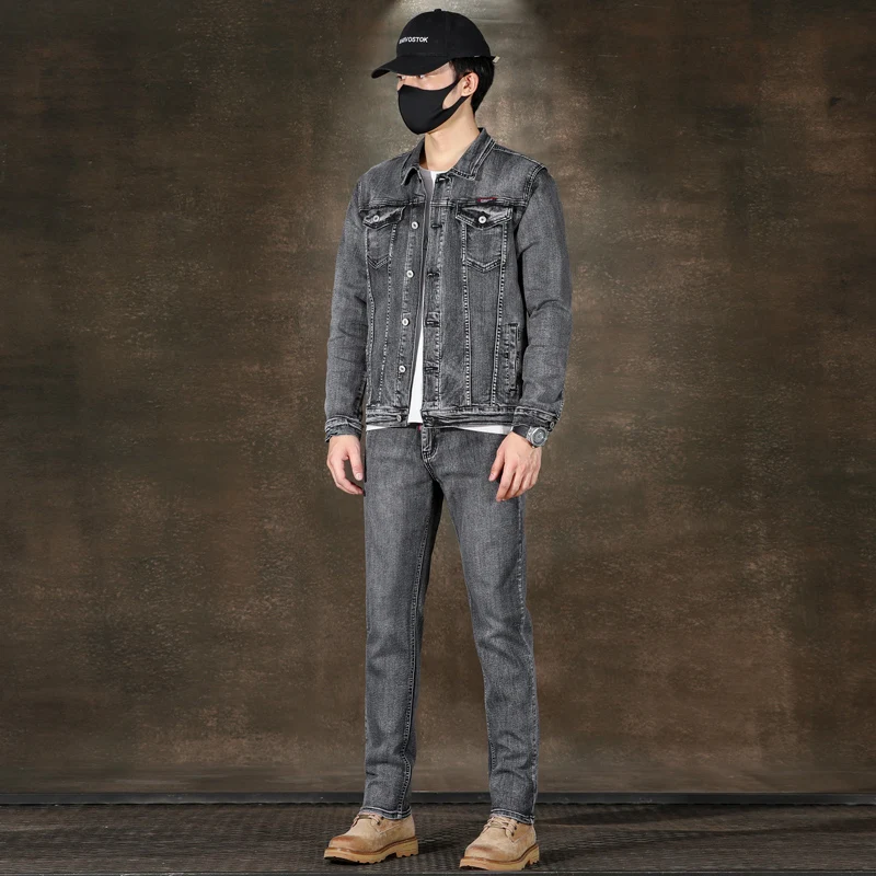 2024 Frühling und Herbst American Grey Denim Jacke Set klassische einfache gewaschene Stretch Jeans Männer Kleidung Kleidung für Männer