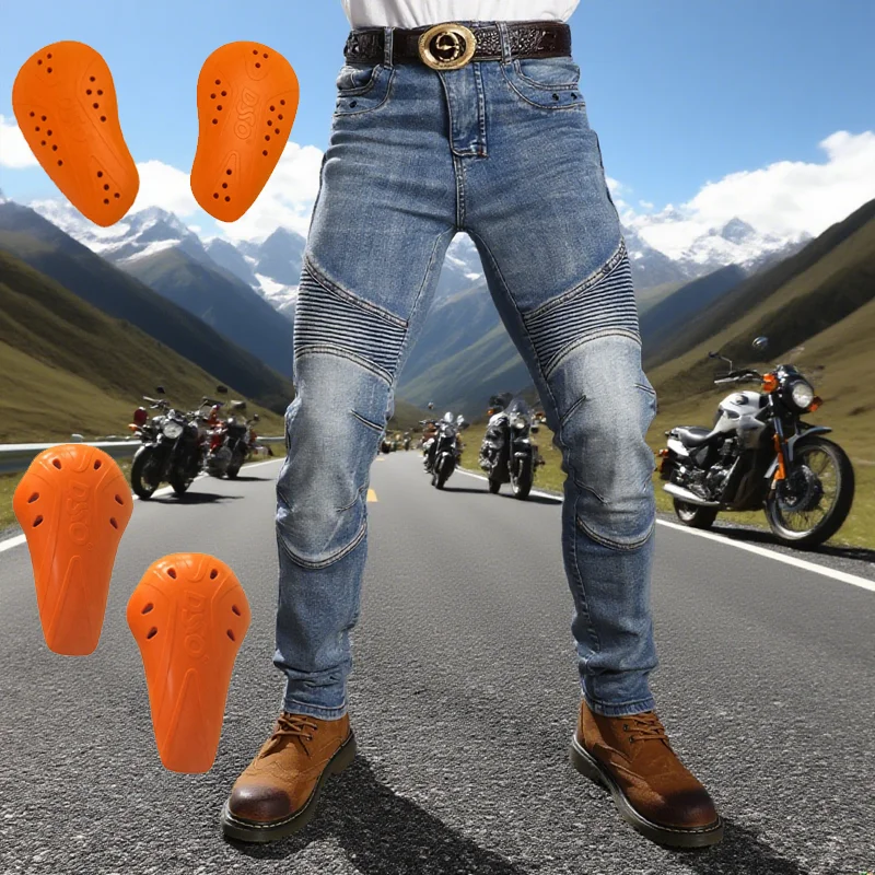 

Men's Aramid Motorcycle Jeans - Fireproof Motorbike Pants with Knee Protection, Blue & Smoke Grey, Casual Motocross Wear